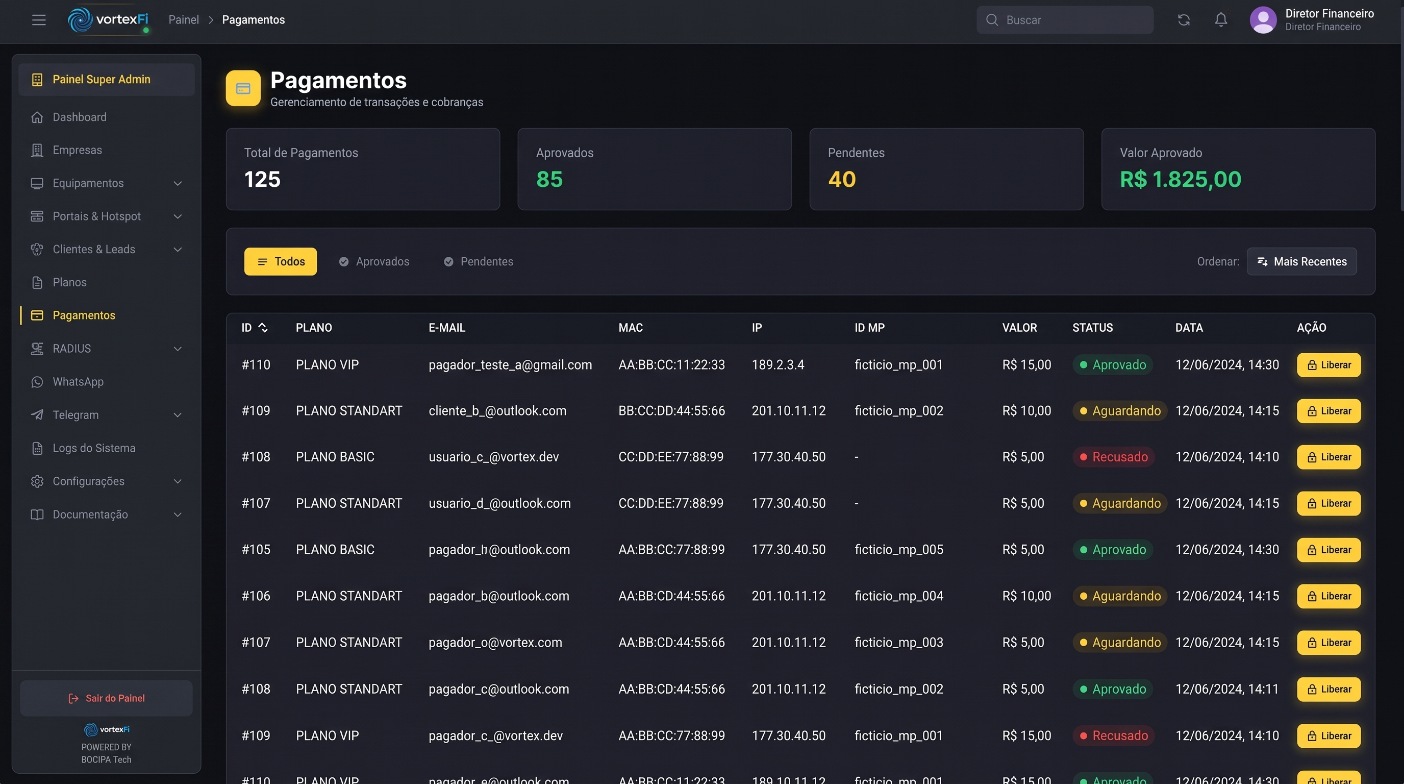 Dashboard de Pagamentos VortexFi